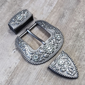 Комплект фурнитуры для ремня 38 мм со стразами Темное серебро