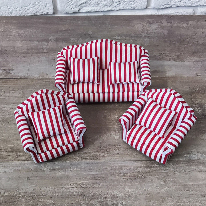 Мягкая мебель для кукол 2 кресла/диван Обивка полоска 